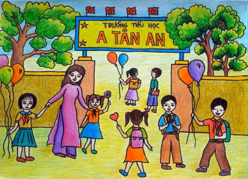 Cảnh nhộn nhịp của các học sinh trước trường tiểu học A Tân An