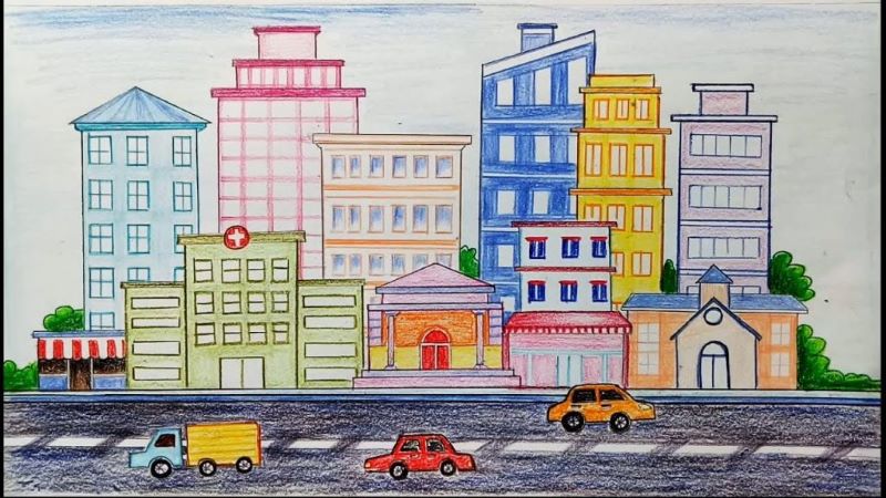 Vẽ tranh phong cảnh an toàn giao thông trên đường