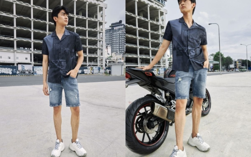 Phối đồ quần short jeans với áo sơ mi cuban